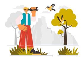 Outdoor Bird Watching Activity with Nature Enthusiasts and Zoologists vector