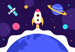 Galaxy Discovery Illustration Featuring an Astronaut, Orbiting Planets, and Cosmic Elements vector