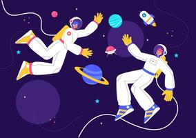 Space Adventure Illustration with an Astronaut, Rocket, and Planets in a Cartoon Background vector