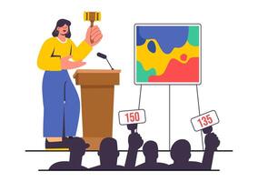 Flat Cartoon Illustration of a Fundraising Auction for Donations and Philanthropy vector