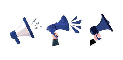 Trendy retro collage with megaphone and blue beams of sound. loudspeaker with halftone elements vector