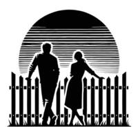 Silhouette of couple standing in front of a fence vector