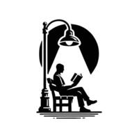 A man sitting on a bench reading a book under a lamp vector