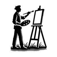 An artist is painting on an easel in a black and white drawing vector