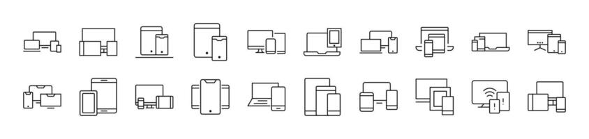 Bundle of Line Icons of Computer, Laptop, Tablet. Editable Stroke. Minimalistic Linear Pictogram for Design of Cards, Apps, Banners, Posts vector
