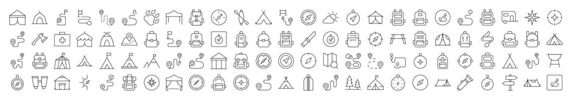 Bundle of Line Icons of Backpack, Road, Map Pin, Compass, Tent. Editable Stroke. Minimalistic Linear Pictogram for Design of Cards, Apps, Banners, Posts vector