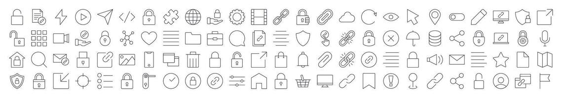 Bundle of Interface of Site Related Line Icons. Editable Stroke for Design, Web Sites, Apps, Cards. Contains Linear Images of Share, Coding, Like, Bookmark, Menu vector