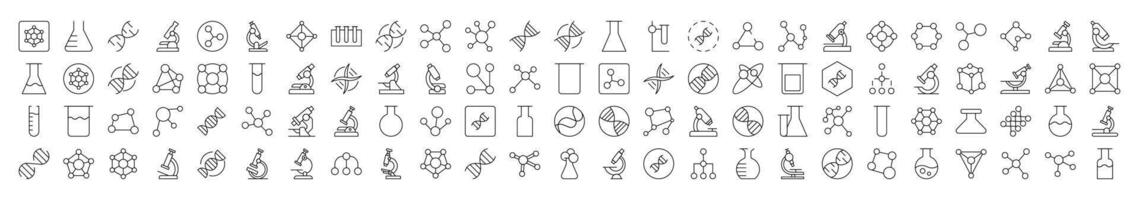 Bundle of Chemistry Related Line Icons. Editable Stroke for Design, Web Sites, Apps, Cards. Contains Linear Images of Chemical Compound, Laboratory Bulbs, Atom vector