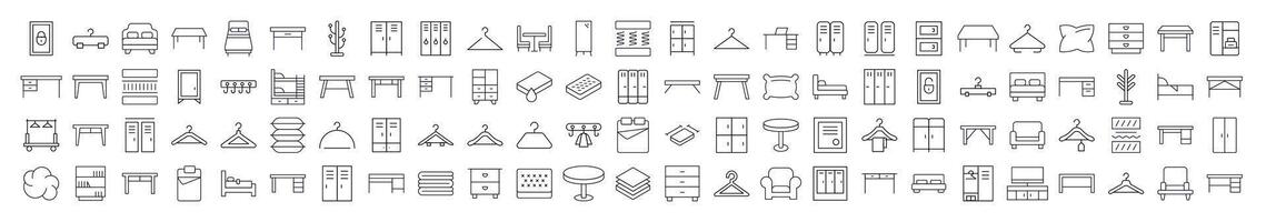 Furniture Simple Linear Illustrations. Contains Icons of Bed, Table, Mattress, Coat Hook that Can Be Used for Design of Cards, Posts, Apps, Web Sites vector