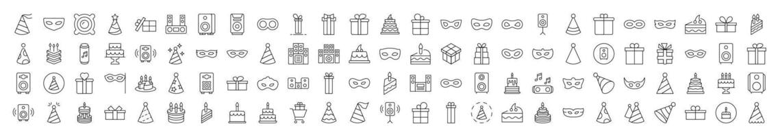 Party Line Icon Pack. Modern Collection for Design, Web Sites, Apps, Cards. Contains Linear Images of Musical Center, Cake, Masquerade Mask, Gift, Present vector