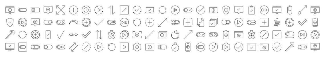 Interface Line Icon Set. Contains Icons of Arrows, Plus, Check, Play that Can Be Used for Design of Cards, Posts, Apps, Web Sites vector