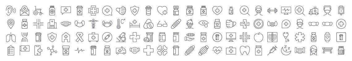 Collection of Medicine and Healthcare Related Line Icons. Editable Stroke for Design, Web Sites, Apps, Cards. Contains Linear Images of Organs, Medical Cross, Pills vector