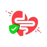 Flat illustration of a healthy gut. A heart shaped intestine with a protective shield symbolizing probiotics, digestion, and overall gut health vector
