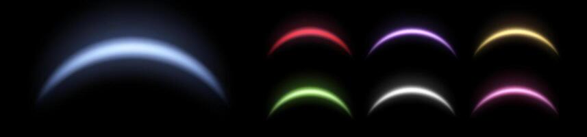 Magic arches different colors with glowing particles, sunlight lens flare. Neon realistic energy flare arch. Abstract light effect on a black background. illustration. vector