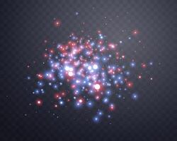 Red and blue magic sparks and dust stars. Glittering dots, particles, sparkles. Glow flare light effect. Red luminous points. particles on dark background. vector