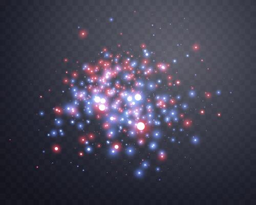 Red and blue magic sparks and dust stars. Glittering dots, particles, sparkles. Glow flare light effect. Red luminous points. particles on dark background.