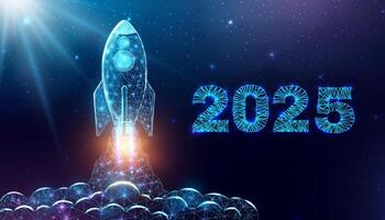 Rocket launch, wireframe polygonal style. 2025 start concept with glowing low poly rocket vector