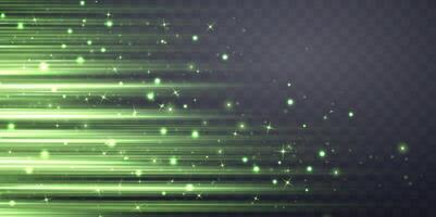 Green speed rays, velocity light neon flow, zoom in motion effect, glow speed lines, stripes with particles. Abstract background vector