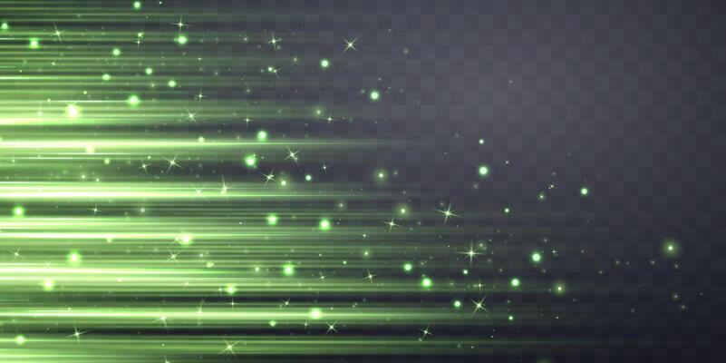 Green speed rays, velocity light neon flow, zoom in motion effect, glow speed lines, stripes with particles. Abstract background