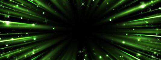 Radial speed rays, light neon flow, zoom in motion effect, green glow speed lines, colorful light trails, perspective stripes Abstract background, illustration. vector