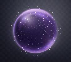 Purple magic fantasy sphere. Crystal ball with glowing sparkles and particles. Energy orb with glow flare light effect. Isolated illustration. vector