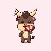 bull mascot cartoon character illustration with hand fan vector