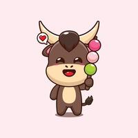 bull mascot cartoon character illustration eating dango vector