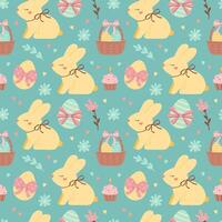 Seamless easter pattern with yellow bunny, eggs vector