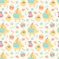 Pattern with chicken, little chick and easter eggs vector