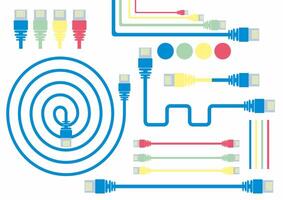 Connecting the Dots Colorful USB cables in various configurations, arranged in a graphic and geometric pattern, symbolizing data transfer and connectivity. vector