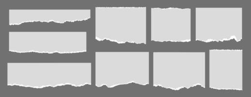 Set of paper note ripped strips on dark background. Paper page scraps with torn edges. vector