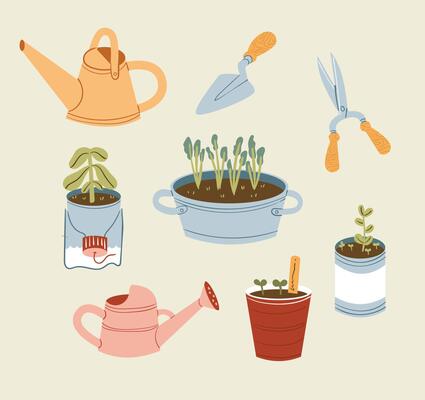 Cute Hand-Drawn Gardening Tool Set with Recycled Pots and Plant Care Essentials