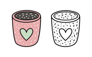 Decorative plant pot with heart in color and outline doodle style vector
