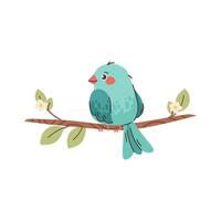 Blue small bird on branch in flat style. Drawing spring bird, isolated illustration vector