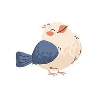Smiling cute bird. Kawaii bird with white and blue feathers. Drawing spring bird, isolated illustration vector