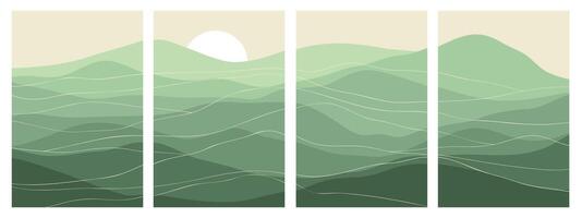 Mountain colors, translucent waves, sunset, pine trees, abstract glass shapes, modern background, Green gradient colors vector
