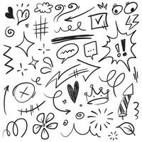 Collection of doodle hand drawn cartoon expression signs, curve direction arrows, emoticon effect design elements, cartoon character emotion symbols, cute decorative brush stroke lines. vector