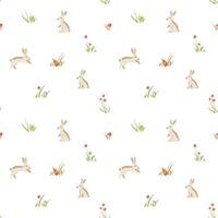 Easter seamless pattern with bunnies and decorative eggs in flower meadow on transparent background. Lovely hand drawn repeat design with cute doodle eggs, great for textiles, banners, wallpaper, card vector