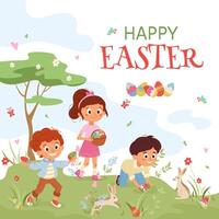 Joyous Easter card with children and bunnies. Vibrant design with boy and girl characters, perfect for print, party invites, flyers, banners and post. Capturing excitement of an Easter egg hunt vector