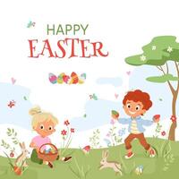 Cheerful Easter card with kids and bunnies. Colorful design with boy and girl characters, ideal for print, invitations, flyers, banners and posts. Celebrating festive fun of an Easter egg hunt vector