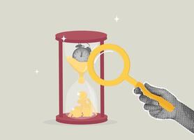 Trendy halftone collage. Time is money,analyzing investments, long term investment for profit, interest rate return by growing savings, long term return on investment. Halftone hand with magnifying vector