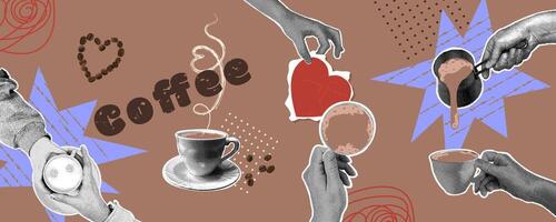 Trendy halftone collage. Set of halftone effect hands holding a cup with hot coffee on abstract background. Background color mocha mousse vector