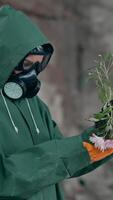 Nature in danger. Ecologist in safety suit and gas mask holding broken flowers in abandoned place. Biochemical attack. Polluted environment. Vertical video