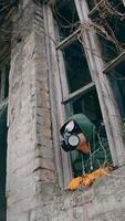 Human in respirator looking from ruined building with broken windows. Flower pot and ecologist in the abandoned place after biological attack. Vertical video