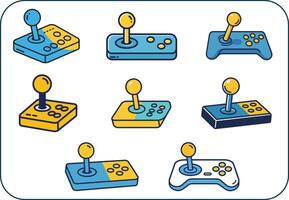 A set of six different game controllers, each with a different color and design. The controllers are arranged in a grid, with some overlapping and others standing alone. Scene is playful and fun vector