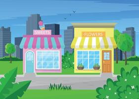 The facade of a flower and sweets shop in a park against the backdrop of buildings. vector