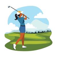 Female Golfer Player Character Playing Golf Sport on the Field in Bright Sky vector