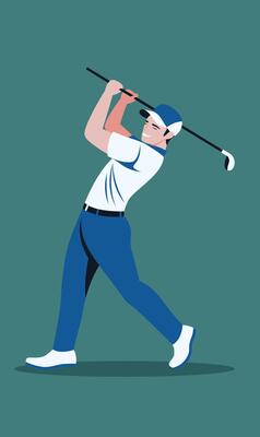 Flat Design Illustration of Man Golfer Player Character Swinging Sport Golf Stick