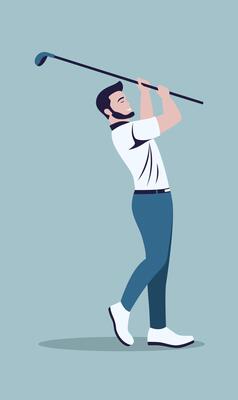 Flat Design Illustration of Male Golfer Player Character Swinging Golf Stick