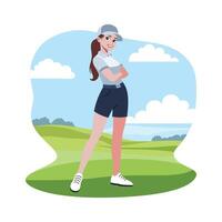 Girl Golfer Player Character Wearing Cap Standing on the Golf Field vector